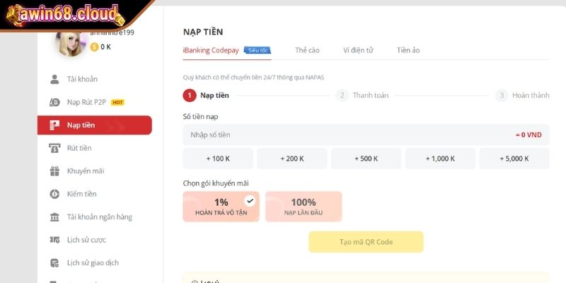 Nạp tiền Awin68 bằng cách chuyển khoản ngân hàng