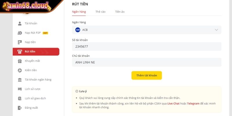 Điều kiện trước khi rút tiền Awin68 bạn cần đáp ứng